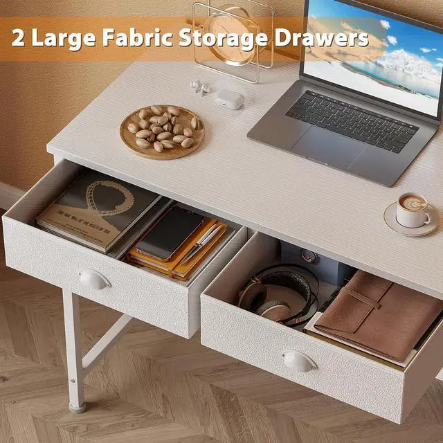 Alt view image 5 of 7 - Furologee White Small Computer Desk with 2 Fabric Drawers, 36 Inch Simple Home Office Writing Desk, Vanity Desk with Hooks, Study Desk for Bedroom Small Spaces