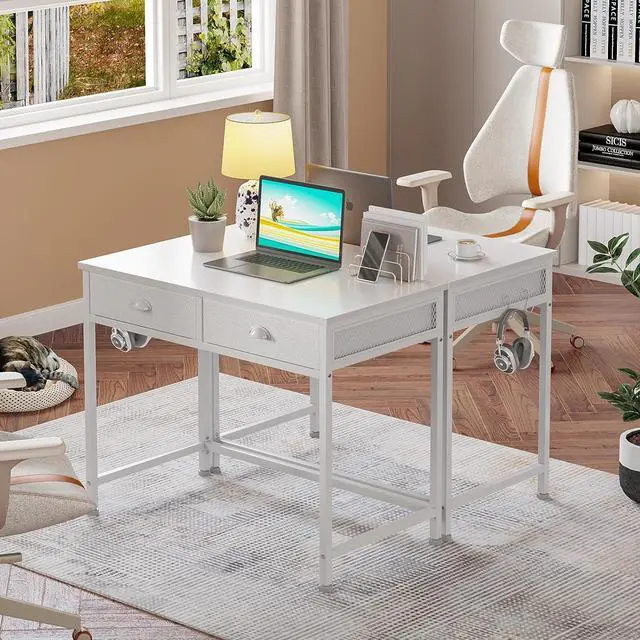 Alt view image 6 of 7 - Furologee White Small Computer Desk with 2 Fabric Drawers, 36 Inch Simple Home Office Writing Desk, Vanity Desk with Hooks, Study Desk for Bedroom Small Spaces