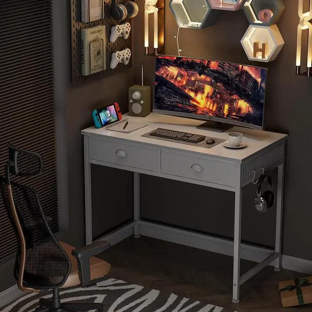 Alt view image 7 of 7 - Furologee White Small Computer Desk with 2 Fabric Drawers, 36 Inch Simple Home Office Writing Desk, Vanity Desk with Hooks, Study Desk for Bedroom Small Spaces
