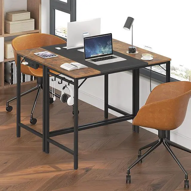 Alt view image 2 of 7 - Computer Desk, Home Office Desk with Power Outlet, Modern Study Writing Desk with 3 Hooks for Study Room, Home Office, Sturdy and Stable, Easy to Assemble, Rustic Brown and Black BF40UDN01