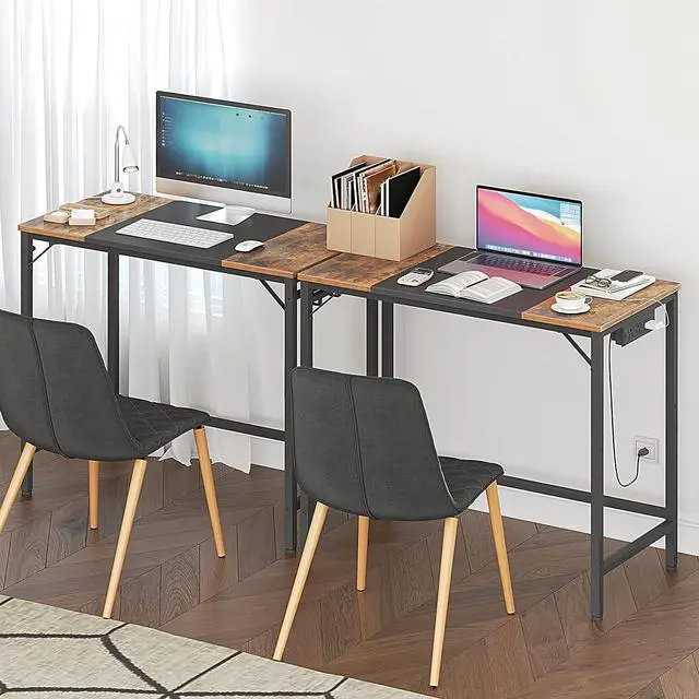Alt view image 7 of 7 - Computer Desk, Home Office Desk with Power Outlet, Modern Study Writing Desk with 3 Hooks for Study Room, Home Office, Sturdy and Stable, Easy to Assemble, Rustic Brown and Black BF40UDN01