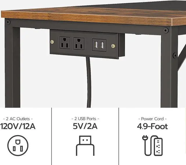 Alt view image 4 of 7 - Computer Desk, Home Office Desk with Power Outlet, Modern Study Writing Desk with 3 Hooks for Study Room, Home Office, Sturdy and Stable, Easy to Assemble, Rustic Brown and Black BF40UDN01