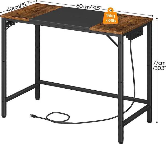 Alt view image 3 of 7 - Computer Desk, Home Office Desk with Power Outlet, Modern Study Writing Desk with 3 Hooks for Study Room, Home Office, Sturdy and Stable, Easy to Assemble, Rustic Brown and Black BF40UDN01