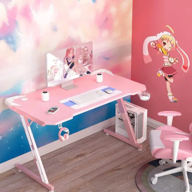 Alt view image 2 of 7 - Homall Gaming Desk, Computer Desk with Carbon Fiber Surface, Gaming Table Z Shaped PC Gaming Workstation Home Office Desks with Cup Holder and Headphone Hook (44 inch, Pink)