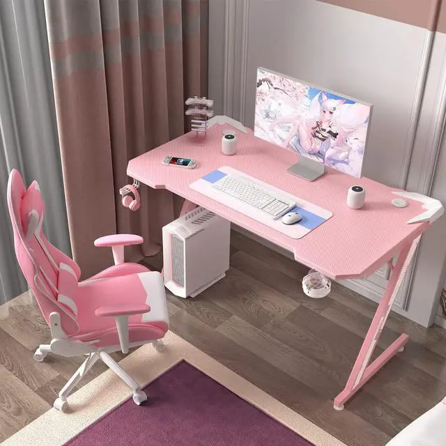 Alt view image 3 of 7 - Homall Gaming Desk, Computer Desk with Carbon Fiber Surface, Gaming Table Z Shaped PC Gaming Workstation Home Office Desks with Cup Holder and Headphone Hook (44 inch, Pink)