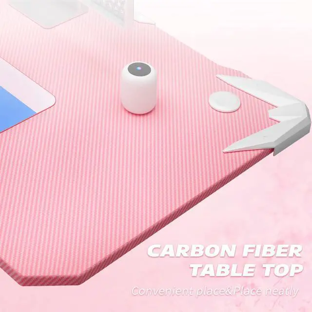 Alt view image 4 of 7 - Homall Gaming Desk, Computer Desk with Carbon Fiber Surface, Gaming Table Z Shaped PC Gaming Workstation Home Office Desks with Cup Holder and Headphone Hook (44 inch, Pink)
