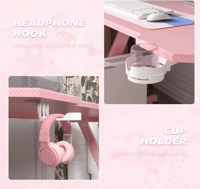 Alt view image 6 of 7 - Homall Gaming Desk, Computer Desk with Carbon Fiber Surface, Gaming Table Z Shaped PC Gaming Workstation Home Office Desks with Cup Holder and Headphone Hook (44 inch, Pink)
