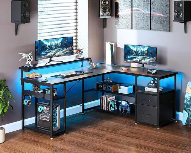 Alt view image 2 of 7 - ODK L Shaped Gaming Desk with Power Outlets & LED Stripe, Reversible Computer Desk with File Drawer, Home Office Desk with Storage Shelves, 53 Inch Gamer Corner Desk with Monitor Stand, Black