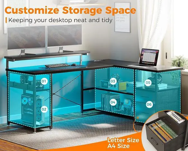 Alt view image 4 of 7 - ODK L Shaped Gaming Desk with Power Outlets & LED Stripe, Reversible Computer Desk with File Drawer, Home Office Desk with Storage Shelves, 53 Inch Gamer Corner Desk with Monitor Stand, Black