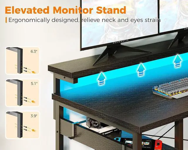 Alt view image 7 of 7 - ODK L Shaped Gaming Desk with Power Outlets & LED Stripe, Reversible Computer Desk with File Drawer, Home Office Desk with Storage Shelves, 53 Inch Gamer Corner Desk with Monitor Stand, Black