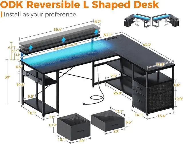 Alt view image 3 of 7 - ODK L Shaped Gaming Desk with Power Outlets & LED Stripe, Reversible Computer Desk with File Drawer, Home Office Desk with Storage Shelves, 53 Inch Gamer Corner Desk with Monitor Stand, Black
