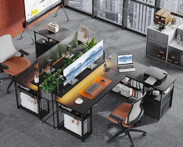 Alt view image 5 of 7 - ODK L Shaped Gaming Desk with Power Outlets & LED Stripe, Reversible Computer Desk with File Drawer, Home Office Desk with Storage Shelves, 53 Inch Gamer Corner Desk with Monitor Stand, Black