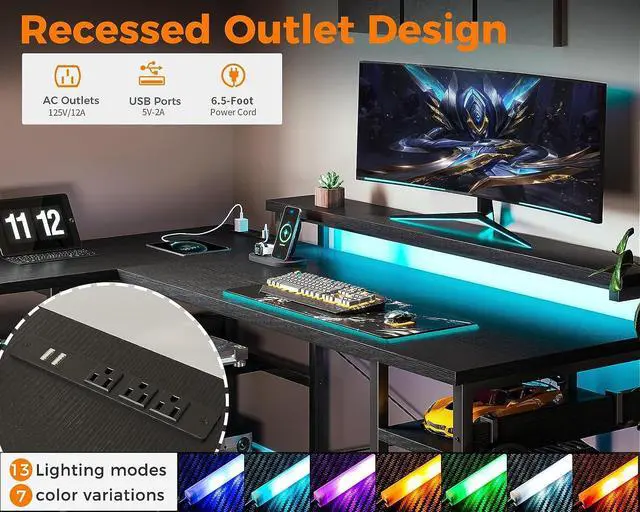 Alt view image 6 of 7 - ODK L Shaped Gaming Desk with Power Outlets & LED Stripe, Reversible Computer Desk with File Drawer, Home Office Desk with Storage Shelves, 53 Inch Gamer Corner Desk with Monitor Stand, Black