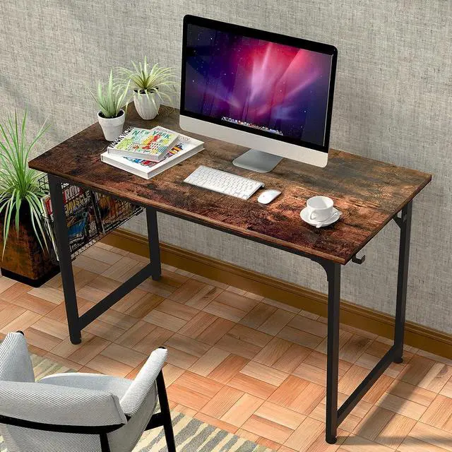 Alt view image 2 of 6 - ASTARTH Study Computer Desk-47 Inch Home Office Desk, Wood Storage Table, Modern Writing Style Laptop Table, Black Metal Frame, PC Table with Storage Basket and Headphone Hooks, Rustic Brown, Vintage