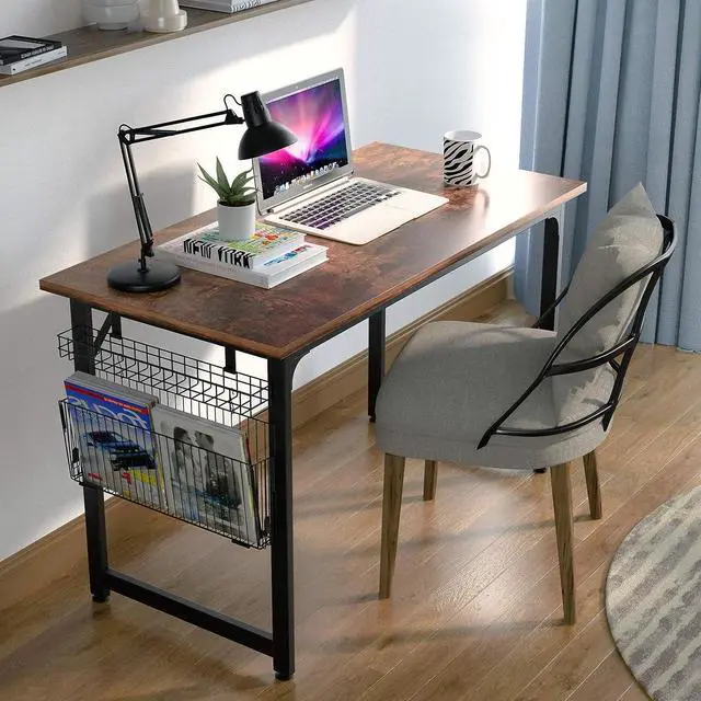 Alt view image 4 of 6 - ASTARTH Study Computer Desk-47 Inch Home Office Desk, Wood Storage Table, Modern Writing Style Laptop Table, Black Metal Frame, PC Table with Storage Basket and Headphone Hooks, Rustic Brown, Vintage