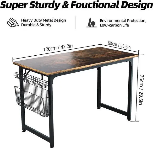 Alt view image 3 of 6 - ASTARTH Study Computer Desk-47 Inch Home Office Desk, Wood Storage Table, Modern Writing Style Laptop Table, Black Metal Frame, PC Table with Storage Basket and Headphone Hooks, Rustic Brown, Vintage