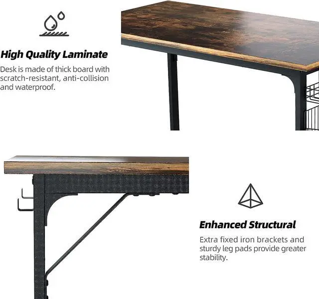 Alt view image 5 of 6 - ASTARTH Study Computer Desk-47 Inch Home Office Desk, Wood Storage Table, Modern Writing Style Laptop Table, Black Metal Frame, PC Table with Storage Basket and Headphone Hooks, Rustic Brown, Vintage