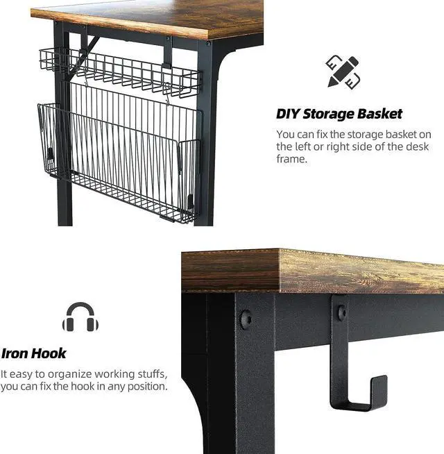 Alt view image 6 of 6 - ASTARTH Study Computer Desk-47 Inch Home Office Desk, Wood Storage Table, Modern Writing Style Laptop Table, Black Metal Frame, PC Table with Storage Basket and Headphone Hooks, Rustic Brown, Vintage