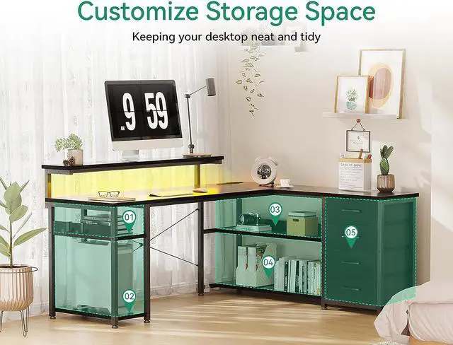 Alt view image 4 of 7 - 61" L Shaped Desk with Drawer, Computer Desk with Power Outlets & LED Lights, Reversible Corner Gaming Desk for Home Office Workstation, Office Desk with Monitor Shelf, Pure Black