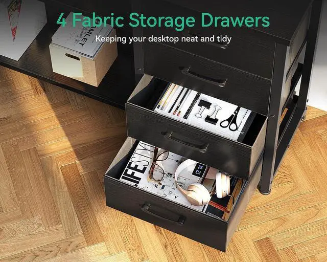 Alt view image 5 of 7 - 61" L Shaped Desk with Drawer, Computer Desk with Power Outlets & LED Lights, Reversible Corner Gaming Desk for Home Office Workstation, Office Desk with Monitor Shelf, Pure Black