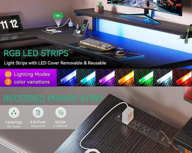 Alt view image 6 of 7 - 61" L Shaped Desk with Drawer, Computer Desk with Power Outlets & LED Lights, Reversible Corner Gaming Desk for Home Office Workstation, Office Desk with Monitor Shelf, Pure Black