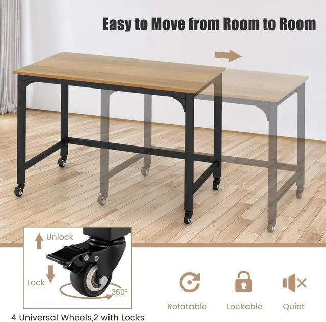 Alt view image 6 of 7 - COSTWAY 48 Mobile Computer Desk, Home Office Desk on Wheels, Simple Study Writing Table with 4 Lockable Wheels, Metal Frame, Rolling Laptop PC Table for Small Space (Natural)