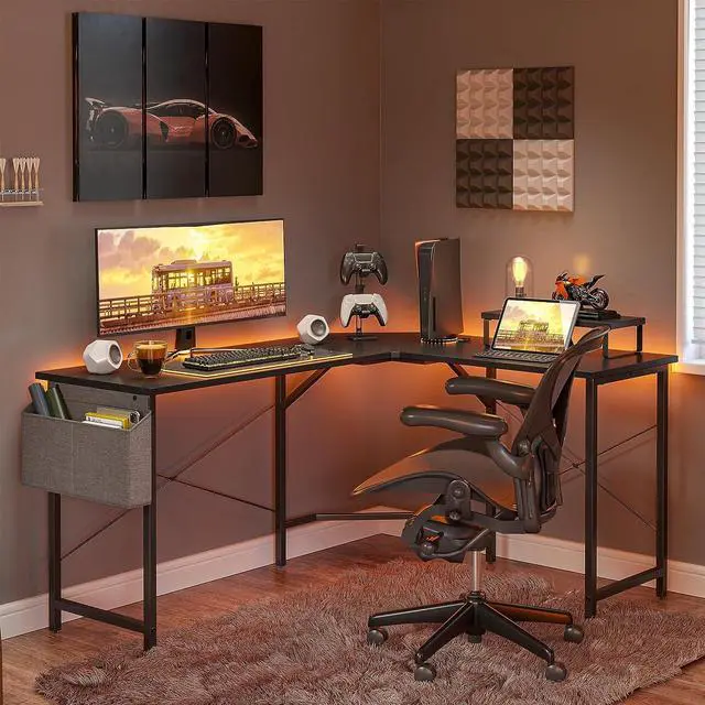 Alt view image 2 of 7 - CubiCubi L Shaped Gaming Desk, 47.2 inch Computer Corner Desk with Monitor Shelf for Home Office Study Writing Workstation, Black