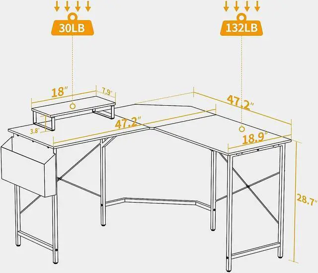 Alt view image 3 of 7 - CubiCubi L Shaped Gaming Desk, 47.2 inch Computer Corner Desk with Monitor Shelf for Home Office Study Writing Workstation, Black
