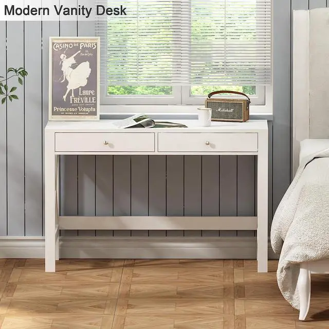 Alt view image 4 of 7 - ChooChoo Computer Desk Study for Home Office, Modern Simple 40 Inches White Desk with Drawers, Makeup Vanity Console Table