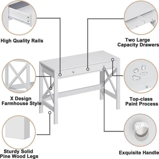 Alt view image 5 of 7 - ChooChoo Computer Desk Study for Home Office, Modern Simple 40 Inches White Desk with Drawers, Makeup Vanity Console Table