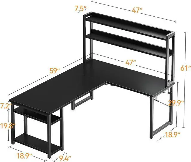 Alt view image 3 of 7 - ODK 59 Inch L Shaped Gaming Desk with Hutch, Computer Desk with Storage Shelves, L Shaped Desk for Home Office, Corner Desk with Headphone Hook, Black