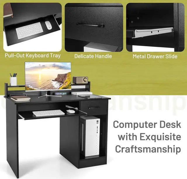 Alt view image 7 of 7 - IFANNY Wooden Computer Desk, Black Home Office Desk w/Drawers, Keyboard Tray, Open Shelves & Monitor Stand, Modern Writing Desk, Compact Computer Desk for Small Spaces (Black)