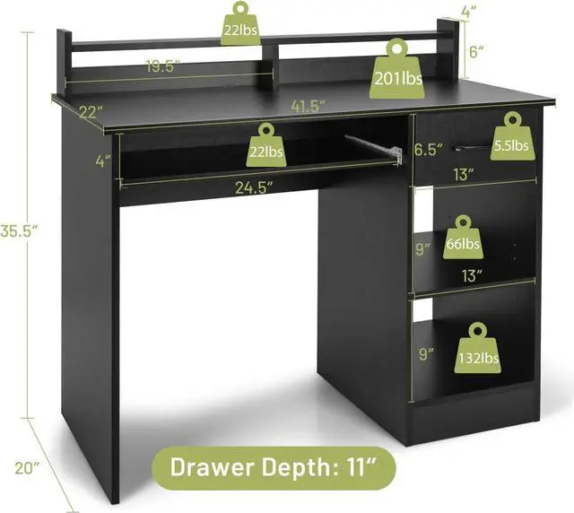 Alt view image 2 of 7 - IFANNY Wooden Computer Desk, Black Home Office Desk w/Drawers, Keyboard Tray, Open Shelves & Monitor Stand, Modern Writing Desk, Compact Computer Desk for Small Spaces (Black)