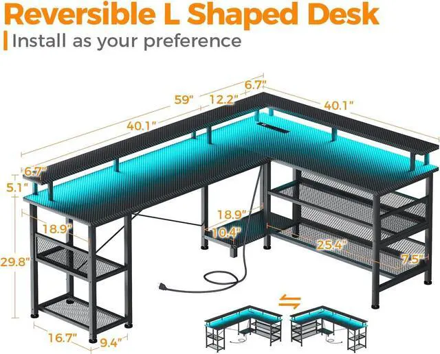 Alt view image 3 of 7 - 59" L Shaped Gaming Desk with Power Outlet and LED Lights, PC Gaming Table with USB Ports, Reversible L Shape Desk with Storage Shelves & Monitor Stand, Home Office Desk, Black Carbon Fiber
