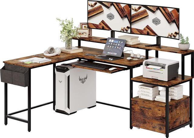 L-Shaped Computer Desk Home Office Study Table Corner Desk with Shelves  Drawer