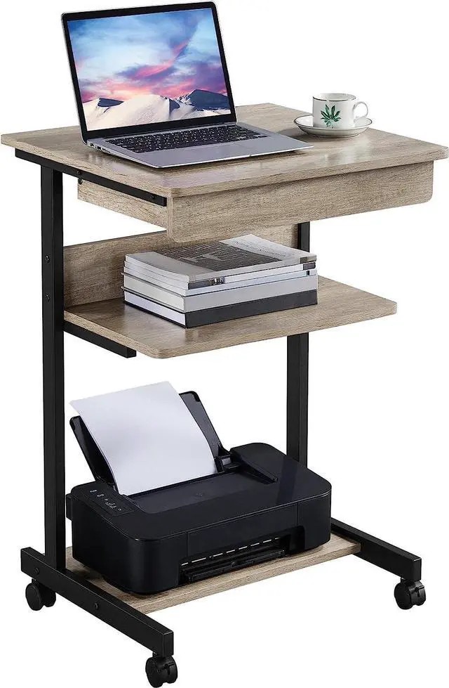 Main image of Topeakmart Rolling Computer Desk Cart with Drawer, Small Computer Desk for Small Spaces with Wheels, Rolling Stand Up Desk PC Laptop Computer Table Tray Desk Gray
