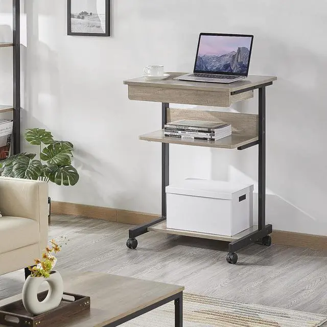 Alt view image 2 of 7 - Topeakmart Rolling Computer Desk Cart with Drawer, Small Computer Desk for Small Spaces with Wheels, Rolling Stand Up Desk PC Laptop Computer Table Tray Desk Gray