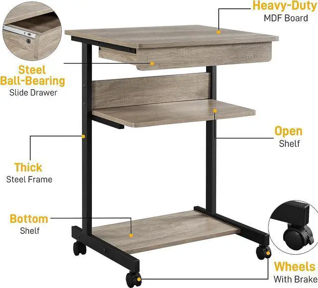 Alt view image 6 of 7 - Topeakmart Rolling Computer Desk Cart with Drawer, Small Computer Desk for Small Spaces with Wheels, Rolling Stand Up Desk PC Laptop Computer Table Tray Desk Gray