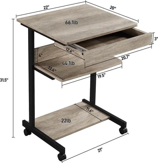 Alt view image 3 of 7 - Topeakmart Rolling Computer Desk Cart with Drawer, Small Computer Desk for Small Spaces with Wheels, Rolling Stand Up Desk PC Laptop Computer Table Tray Desk Gray