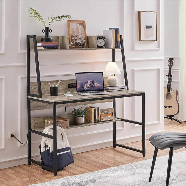 Alt view image 4 of 7 - Yaheetech Home Office 47 Inch Writing Desk with Power Outlets and 2 USB Charging Ports for Studying, Gaming Table Computer Desk with Hutch and Bookshelf, Metal Frame Workstation for Office, Gray