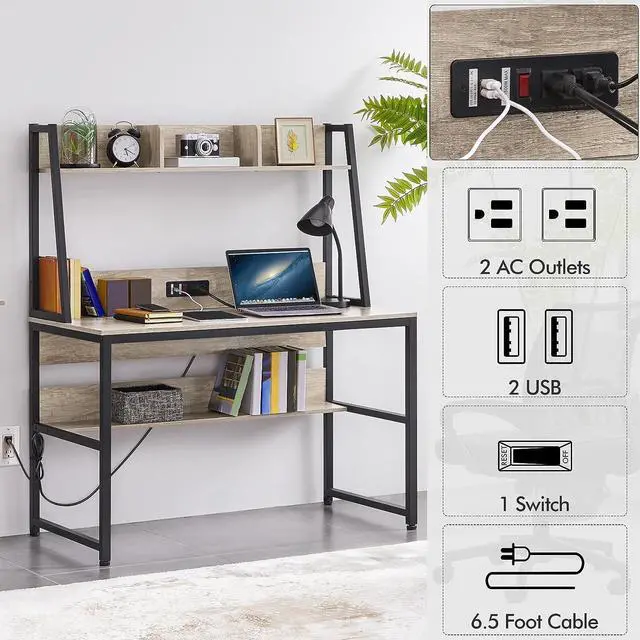 Alt view image 5 of 7 - Yaheetech Home Office 47 Inch Writing Desk with Power Outlets and 2 USB Charging Ports for Studying, Gaming Table Computer Desk with Hutch and Bookshelf, Metal Frame Workstation for Office, Gray