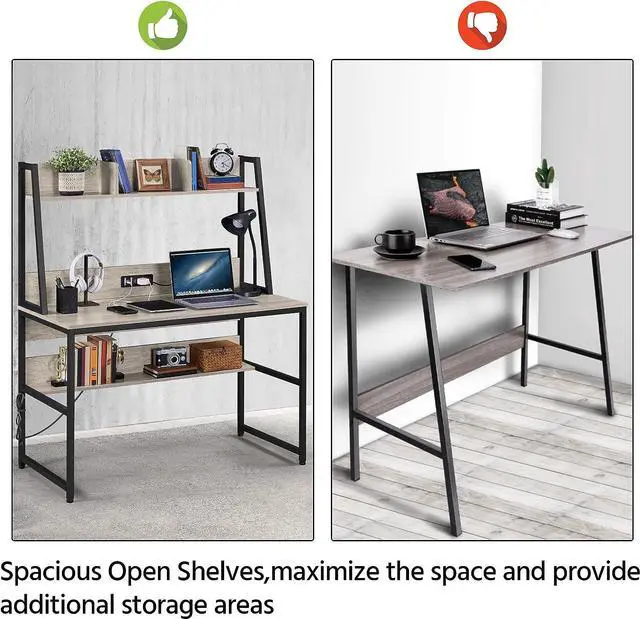 Alt view image 7 of 7 - Yaheetech Home Office 47 Inch Writing Desk with Power Outlets and 2 USB Charging Ports for Studying, Gaming Table Computer Desk with Hutch and Bookshelf, Metal Frame Workstation for Office, Gray