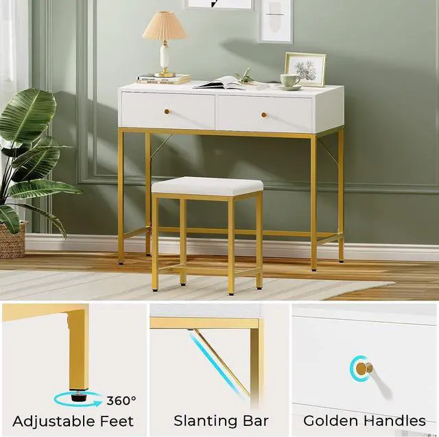 Alt view image 6 of 7 - SUPERJARE 35.4" White and Gold Desk with 2 Drawers, Modern Makeup Vanity Desk with Padded Stool, Small Computer Desk Home Office Desk for Writing Study Bedroom