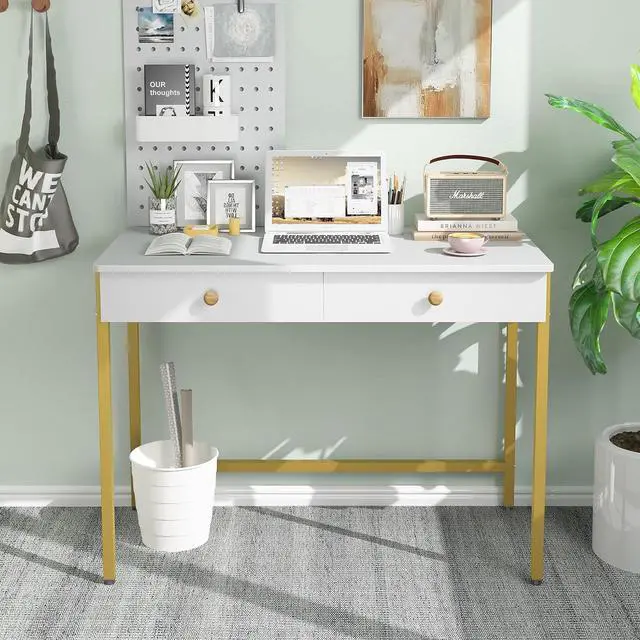 Alt view image 2 of 7 - Weehom Computer Desk with Drawers, Home Office Desk for Writing, Studying, and Gaming - Sturdy and Spacious Workstation for PC and Laptop(White and Gold)