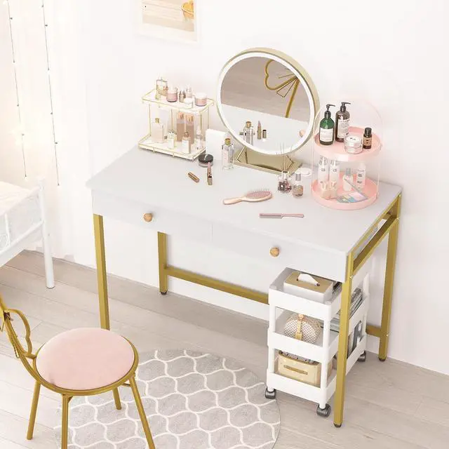 Alt view image 5 of 7 - Weehom Computer Desk with Drawers, Home Office Desk for Writing, Studying, and Gaming - Sturdy and Spacious Workstation for PC and Laptop(White and Gold)