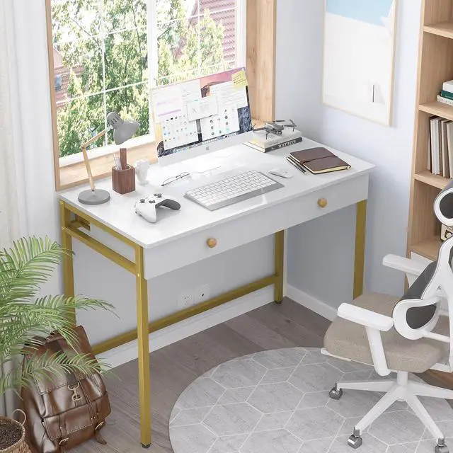 Alt view image 6 of 7 - Weehom Computer Desk with Drawers, Home Office Desk for Writing, Studying, and Gaming - Sturdy and Spacious Workstation for PC and Laptop(White and Gold)