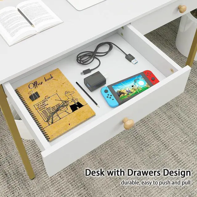 Alt view image 4 of 7 - Weehom Computer Desk with Drawers, Home Office Desk for Writing, Studying, and Gaming - Sturdy and Spacious Workstation for PC and Laptop(White and Gold)
