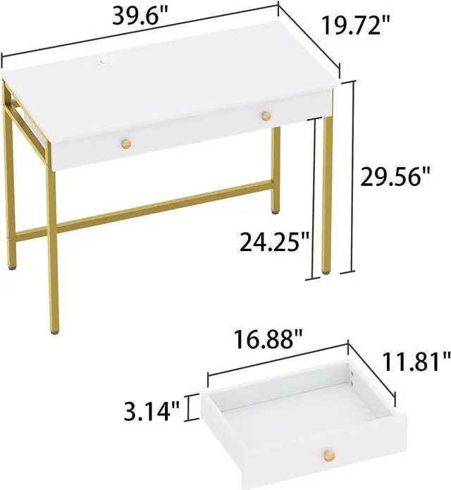 Alt view image 3 of 7 - Weehom Computer Desk with Drawers, Home Office Desk for Writing, Studying, and Gaming - Sturdy and Spacious Workstation for PC and Laptop(White and Gold)