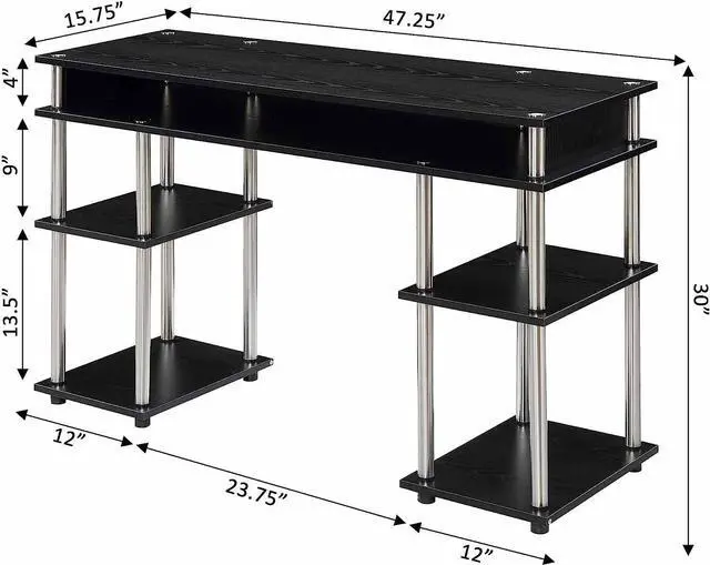 Alt view image 3 of 5 - Convenience Concepts Designs2Go No Tools Student Contemporary Office Desk and Vanity with Shelves, 47.25" L x 15.75" W x 30" H, Black