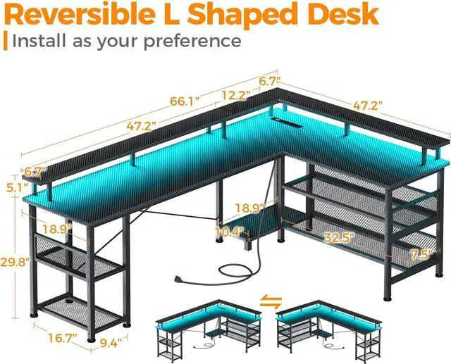 Alt view image 7 of 7 - ODK 66" L Shaped Gaming Desk with Power Outlet and LED Lights, PC Gaming Table with USB Ports, Reversible L Shape Desk with Storage Shelves & Monitor Stand, Home Office Desk, Black Carbon Fiber